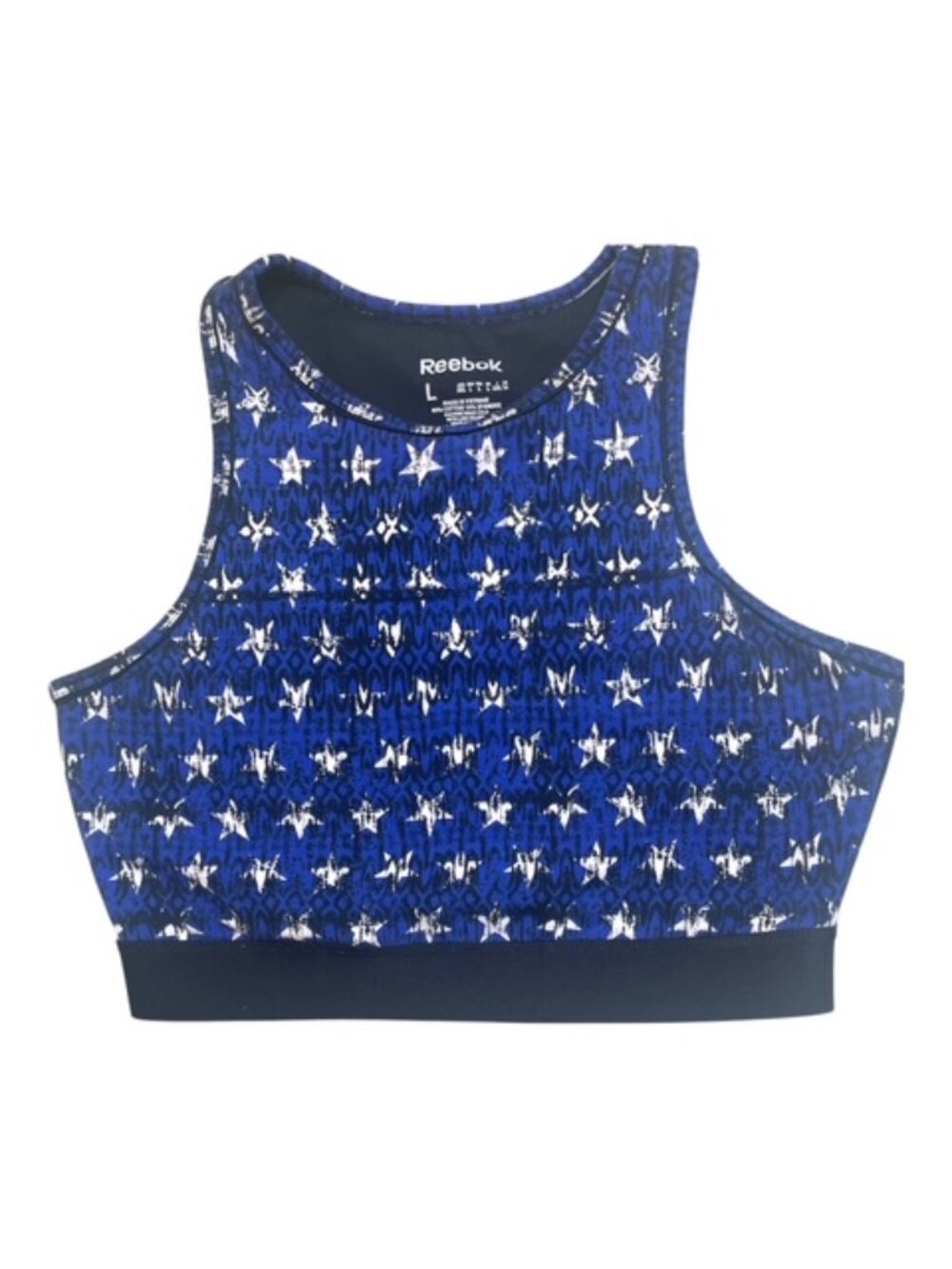 REEBOK High-Neck Stars & Stripes Mixed Print Crop Top Sports Bra - Size Large